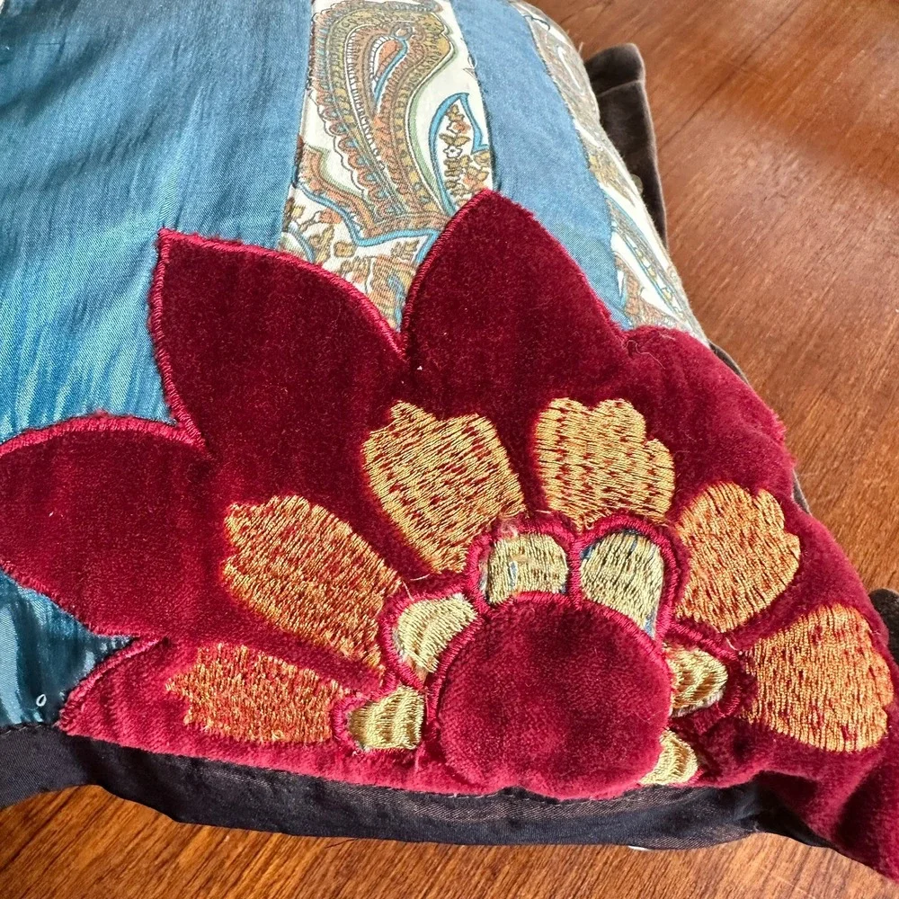 Pier 1 Floral Embroidered Velvet Accent Pillow 12x22 Boho Eclectic Maximalist